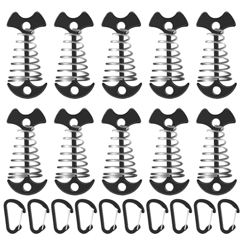 12 PCS Black Deck Anchors with Carabiners, Aluminium Tent Tie Downs with Spring Buckle, Quick Tie Down Anchors for Furniture,Outdoor Camping, Hiking,Tent Rope Tensioners