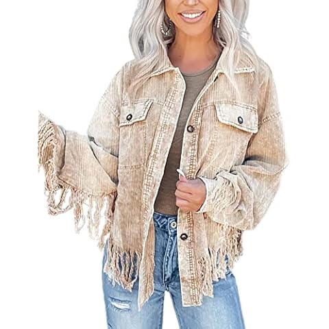 CXINS Womens Cropped Corduroy Jacket Casual Button Down Shacket Coat Tassel Fringe Jacket, Khaki, S Cover