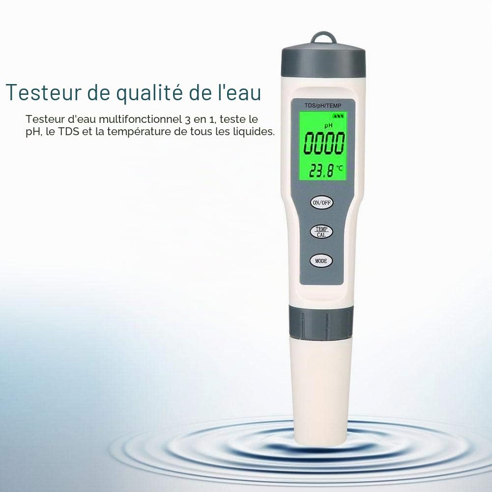 Testeur de qualité de l'eau - Compteur de pH - Appareil de mesure du pH - Pour - 3 en 1 - Portable - Digital TDS PH - Température d'aquarium - Piscine d'eau