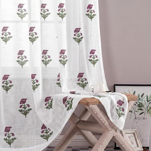 Image of LINENWALAS Decorative Cotton Linen Sheer Curtains 9 Feet for Long Door -Block Printed Door Curtain | Grommet Hanging Style Pack of 2 Panels |Light Filtering Sheer Drapes (Rose Butta)
