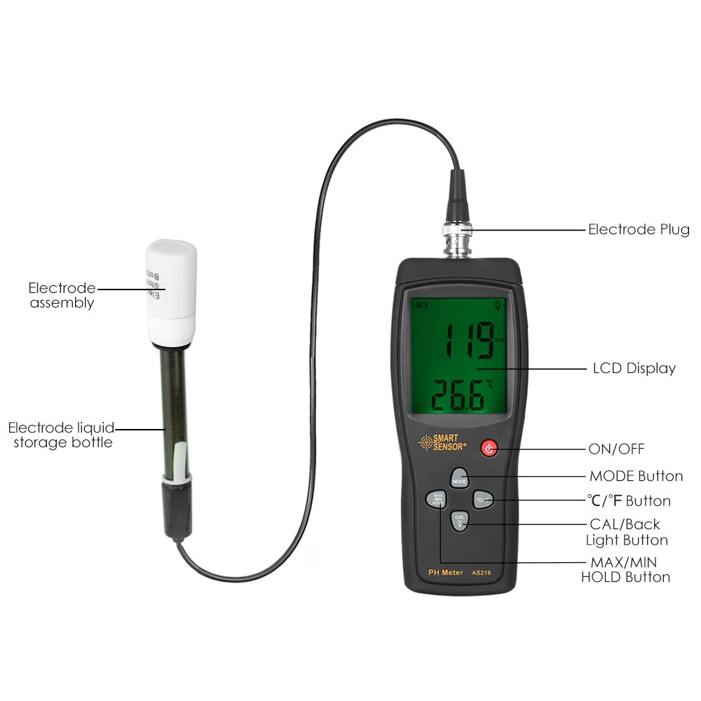 Smart Sensor Medidor de pH portátil Profesional con compensación de Temperatura y Pantalla LCD retroiluminada para análisis de la Calidad del Agua - Acidímetro con sonda de Sensor