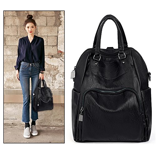 UTO Women Backpack Purse PU Washed Leather Convertible Ladies Rucksack Crossbody Shoulder Bag New Black4
