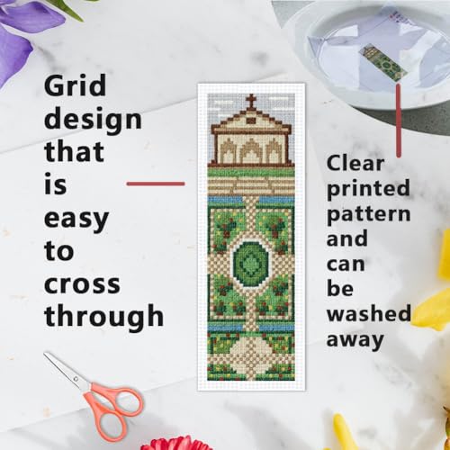 Image of INFUNLY 6PCS DIY Garden Cross Stitch Bookmark Kits 3x8.5inch Fountain Stamped Embroidery Page Marker Kits Plant Needlepoint Bookmark Kit with Pre-Printed Pattern for Book Lovers Readers