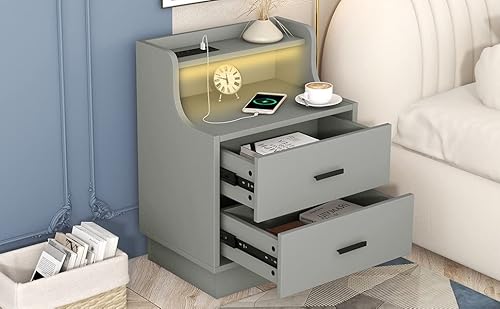 Gray Night Stand With Charging Station, Led Nightstand With Usb, Charging Nightstand Table, Smart Bedside Table,Nightstand With Drawers, Nightstand With Led Lights, Two Drawer Nightstand With Charge #TOP7