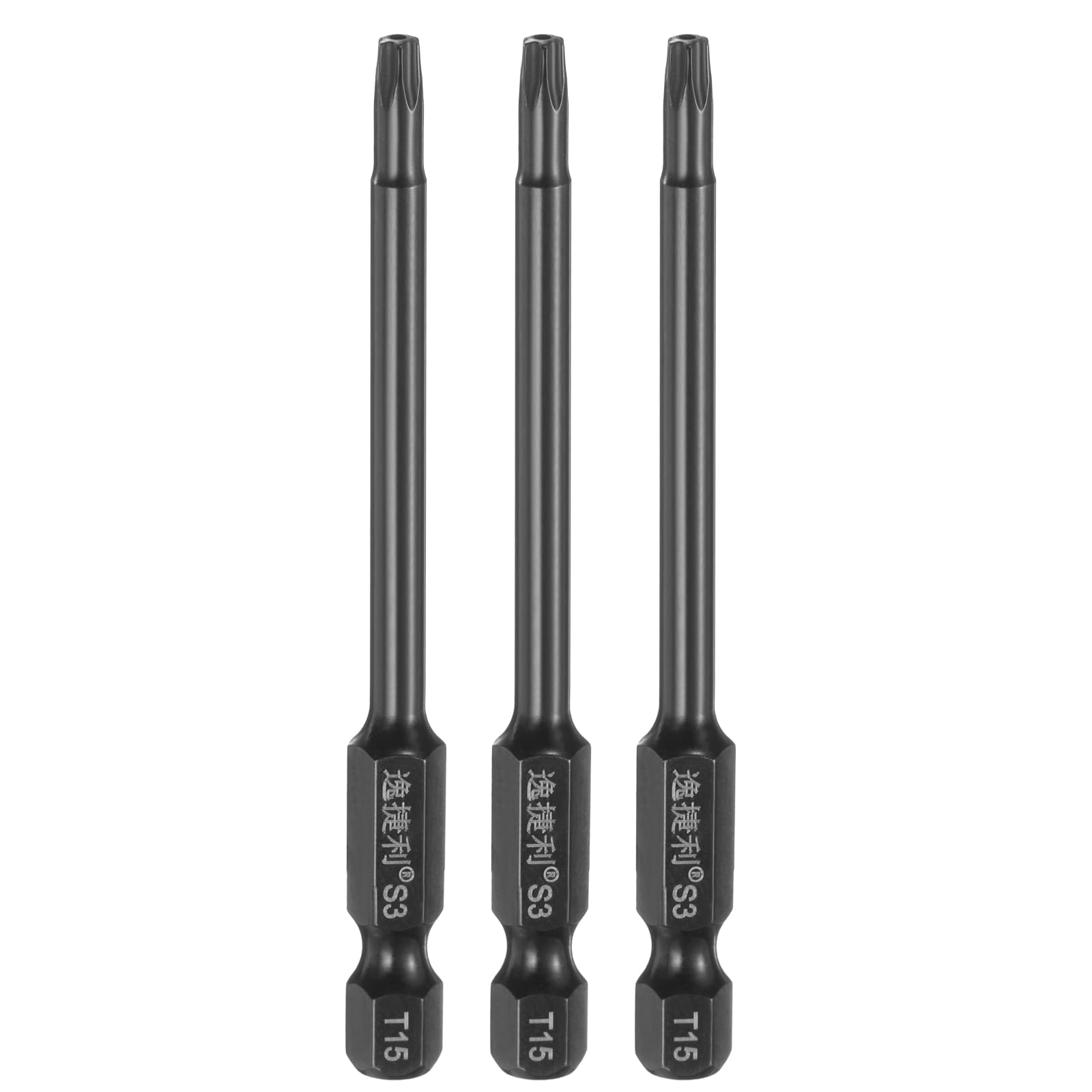 sourcing map 3pcs T15 Torx Screwdriver Bit 1/4" Hex Shank 75mm/3" Length S3 Steel Magnetic Tamper Proof Star 6 Point Head Hex Screw Driver Bits, Black