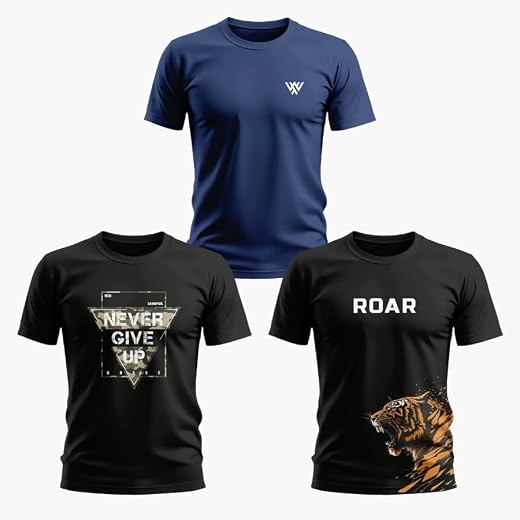 WarriorWorld Men's Pure Cotton Printed T-Shirt Combo | Never Give Up Motivation | Roar Tiger Graphic | Plain Casual Tee | ...