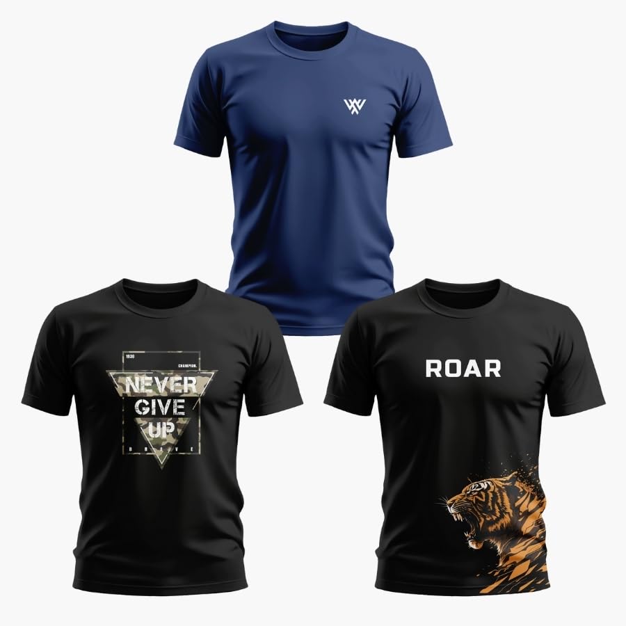 Men's Pure Cotton Printed T-Shirt Combo | Never Give Up Motivation | Roar Tiger Graphic | Plain Casual Tee | Pack of 3-image-26