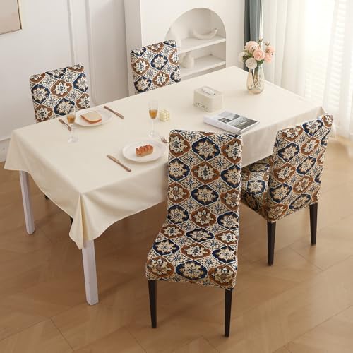 Image of HOKIPO Premium Printed Velvet Chair Cover Set of 4 for Dining Table, Indigo Moroccan Charm (AR-5794-D7*4)