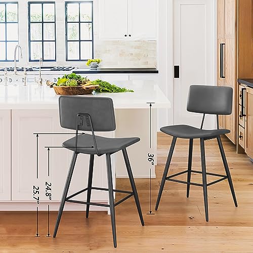 Cozyman 24.5" Counter Height Bar Stools Set Of 4, Gray Faux Leather Upholstered Barstools With Back Footrest And Metal Legs, Armless Bar Chairs For Kitchen Island/Dining Room/Bar/Basement #TOP4