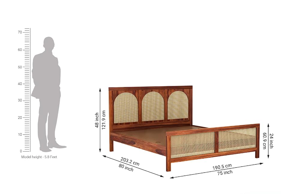 Image of Sheesham Wood King Size Bed Without Storage for Bedroom | Solid Wooden Cane Bed Cot Furniture for Home, Hotel & Guest House | Modern Double Bed 80x75x48 Inch Design