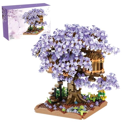 Casa de la Flor de Cerezo Casa de plástico Bonsai Bonsai Ensamblado Lindo árbol de Flores DIY Mini Bloques de construcción para Adultos, más de 14 Adolescentes (sin luz) Morado.