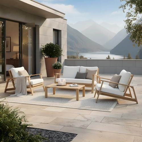 Lokingrise 4-Piece Acacia Wood Outdoor Sectional Sofa Set with Loveseat,