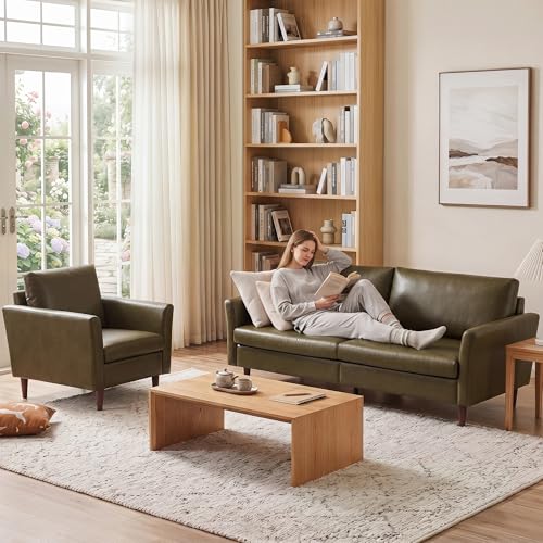 Image of Kingfun 2 Piece Faux Leather Sofa Set, Mid Century Modern Living Room Furniture Set with 3-Seater Sofa and Armchair, Small Leather Couch with Solid Wood Frame for Bedroom and Office, Olive Green
