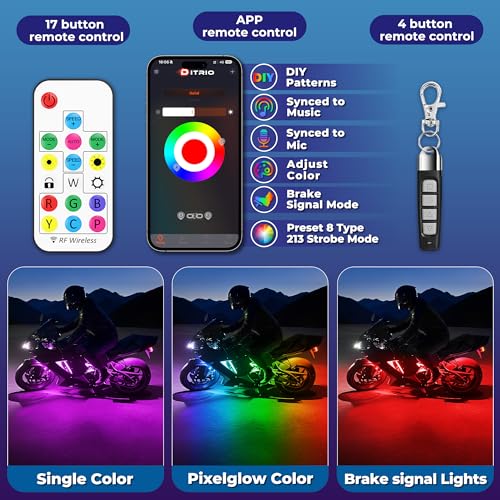 Image of 12PCS Double Row Motorcycle Led Lights with Brake Turn Signal,Underglow Light Kits with DITRIO APP /RF Remote Control, Dual Zone,Waterproof,12V Pixelglow RGB Lights for Motorcycles, Golf Carts, UTVs