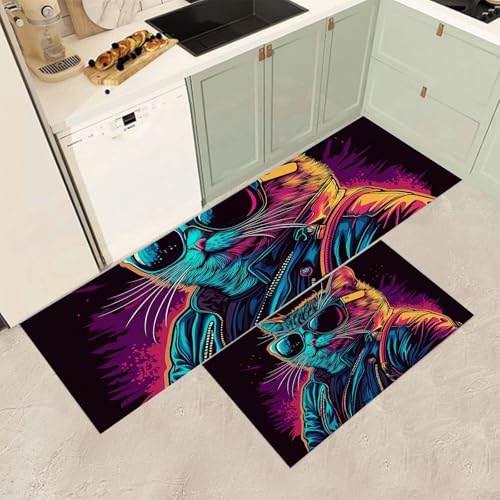 Tapis de cuisine antidérapant lot de 2 lavable motif chat 50x150cm