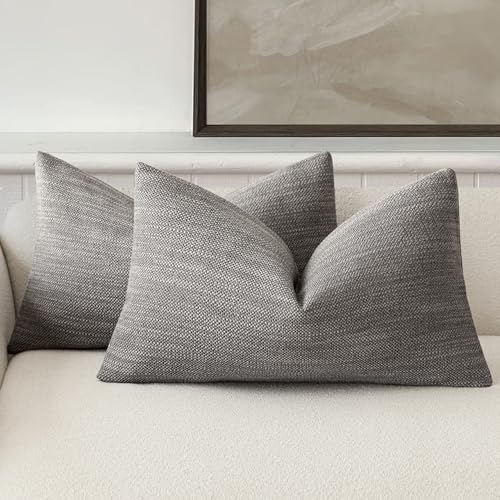 Image of Foindtower Set of 2 Decorative Textured Burlap Linen Throw Pillow Covers Farmhouse Boho Lumbar Cushion Cover Solid Accent Pillowcase for Couch Sofa Bed Living Room Home Decor,12x20 Inch,Dark Gray