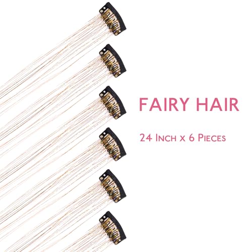 Image of WENNALIFE Hair Tinsel Clip In for Girls Champagne, 6pcs 24 inch Hair Tinsel Clips Tinsel Hair Extensions Clip in Colorful Glitter Tinsel Hair Clips Sparkle Fairy Hair Accessories for Kids