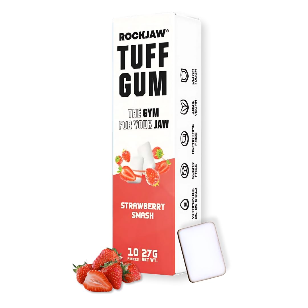 ROCKJAW® Hard Jawline Gum - Tuff Gum 2.0 with B Vitamins (Stim-Free) - 10 Pack - 100% Xylitol, Aspartame-Free, Sugar-Free (Strawberry Smash)