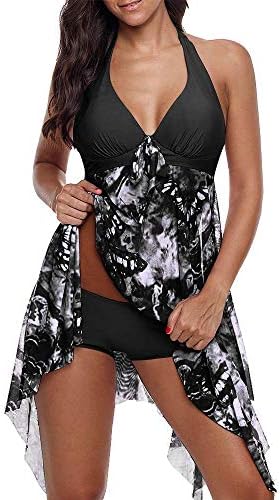 LAPOPNUT Womens Tankini Set Swimswear Flowy Halter Swimdress Boho Floral Printing Bikini Set Swimwear 2 Pieces Swimming Costume Plus Size Swimsuit with Shorts Beachwear Plus Size