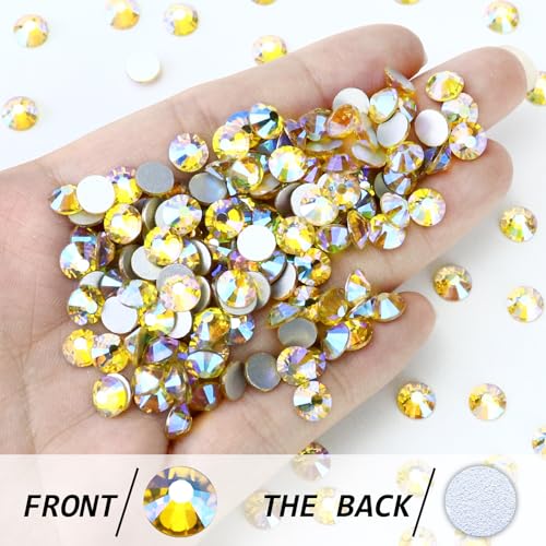 Image of 1440PCS SS6 Crystal Glass Flatback Rhinestones, Round Flat Back Crystal Gems for Nail Art and Craft Clothes, Glue Fix Diamond Stones Citrine /Lemon Yellow AB (1.9-2.0mm)