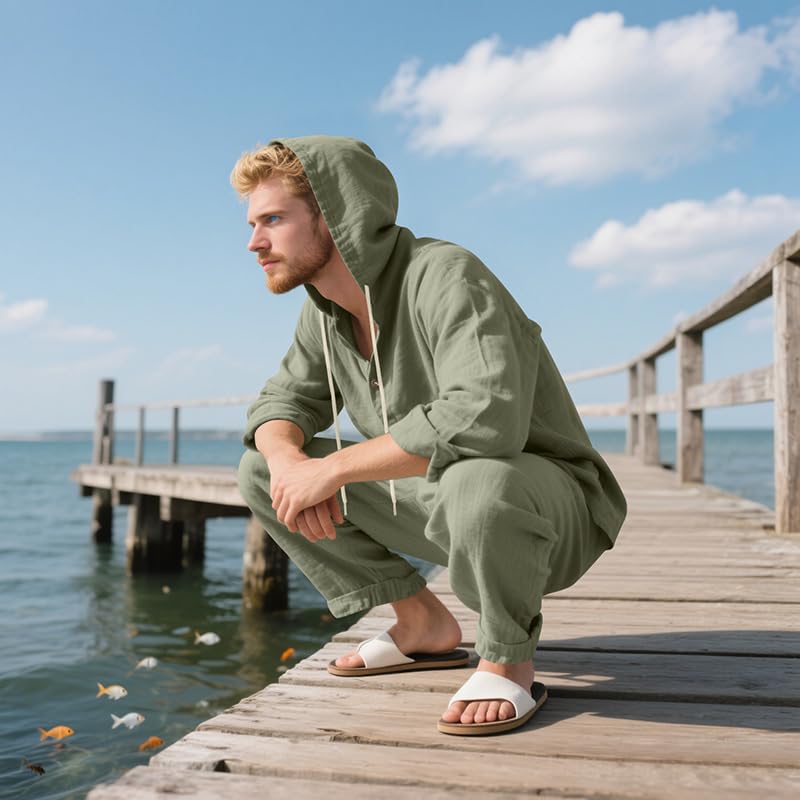 Men's loose linen hooded long pants two-piece set long sleeved shirt loose beach casual suit4