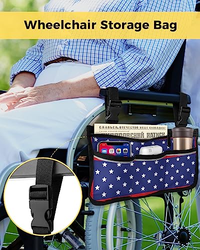4th of July Wheelchair Side Bag Walker Bag, American Star Red Line Independence Day Wheelchair Accessories Armrest Pouch, Organizer Storage Bag for Walkers, Rollators, Scooters, 7.3''x13''