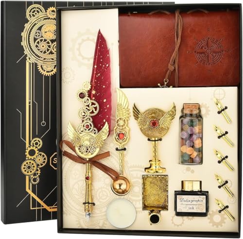 Image of PLUSPOINT Vintage Quill Pen & Ink Set Elegant Writing Luxury Fountain Calligraphy Ink Pen Set with Diary Wax for Stamp Retro Decor Dip Pen Office Stationery Corporate Gifting for Signature,Multicolor