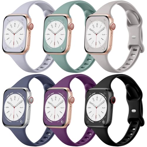 Lerobo Compatible with Apple Watch Band 44mm 42mm/Apple Series 7 Band 45mm, 6 Pack Slim Thin Narrow Waterproof Silicone Strap Replacement Sport Band for iWatch Bands 8 7 6 5 4 3 2 1 Ultra Wo