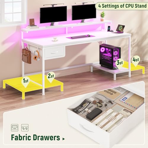 Image of DurayLoly Computer Desk with Ergonomic Monitor Stand & CPU Stand,47.2 inch Gaming Desk with 1 Drawer & Power Outlet & LED Lights for Home Work, Bedroom Study and Gaming, Small Spaces,White