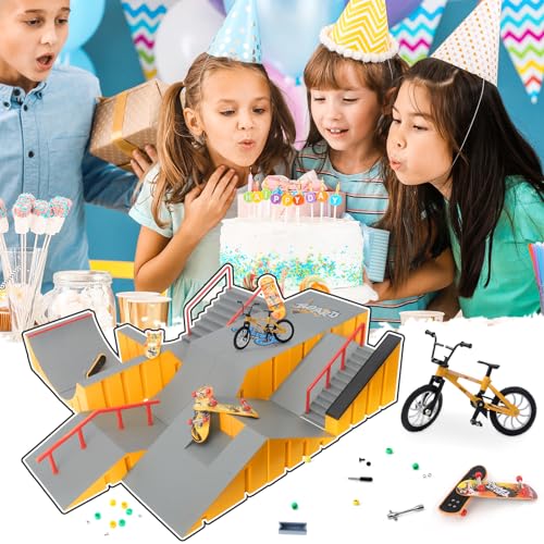CS COSDDI Finger Skateboard Park Kit, 14 in 1 Skate Park Set with 8 Fingerboards, 14 Ramps, Half Pipe & Finger Bike, Mini Skate Toy for Kids & Adults,Yellow