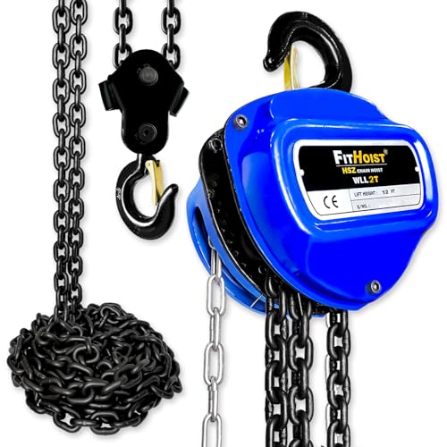 FITHOIST Hand Chain Hoist 2Ton | Chain Fall 12FT | Chain Block Hoist with 2 Heavy Duty Hooks | Heavy Duty Pulley Hoist for Garages Warehouse Automotive Machinery Presents for Dad Husband Men