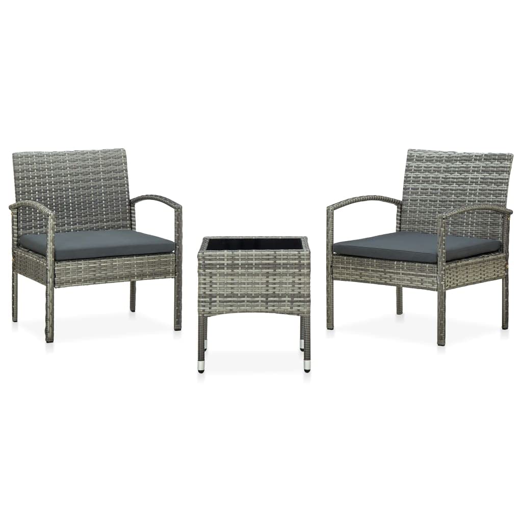 Modern Outdoor Bistro Set with Table and 2 Armchairs, Gray Weather-Resistant PE Rattan Furniture for Patio Garden Balcony