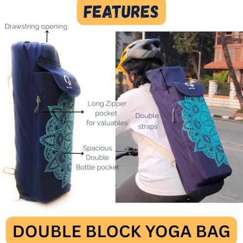 Image of O2 Yoga Mat Bag | Cotton Yoga Mat Carry Bag with Adjustable Double Straps | Bottle Holder & Zipper Pocket | Yoga Mat Cover Bag for Women & Men | Fits 2mm-10mm Mats | Lightweight - Blue