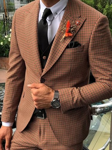 Mens Vintage Suit Slim Fit - 3 Piece Plaid Suits for Men One Button Blazer Wedding Party Prom Jacket Vest & Pants Set2