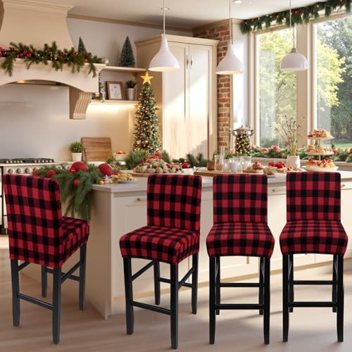 Image of SearchI Christmas Bar Stool Covers Set of 2, Stretch Washable Barstool Seat Covers, Counter Height Chair Covers for Kitchen Dining Room Cafe (Buffalo Plaid)