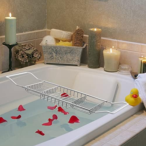 cabilock Over Bathtub Racks Stainless Steel Bath Basin Caddy Tray Shower Organizer with Extending Sides Removable Wire Bathing Phone Rack