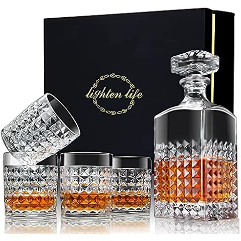 Lighten Life Whisky Decanter Set,Italian Style Decanter with 4 Glasses in Gift Box,Crystal Whiskey Glass Decanter Set for Bourbon,Scotch,Liquor,Whiskey Decanter Sets for Men and Women Cover