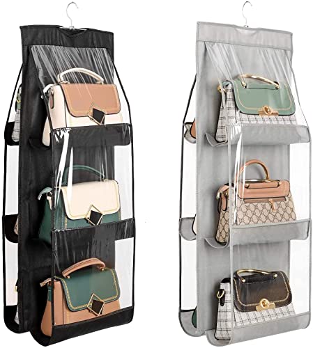 Image of Hanging Handbag Organizer for Closet | Space Saving Purse Storage | 6 Transparent Pockets | Wardrobe & Door Hanging Bag Organizer (2 Pcs Grey+Black)