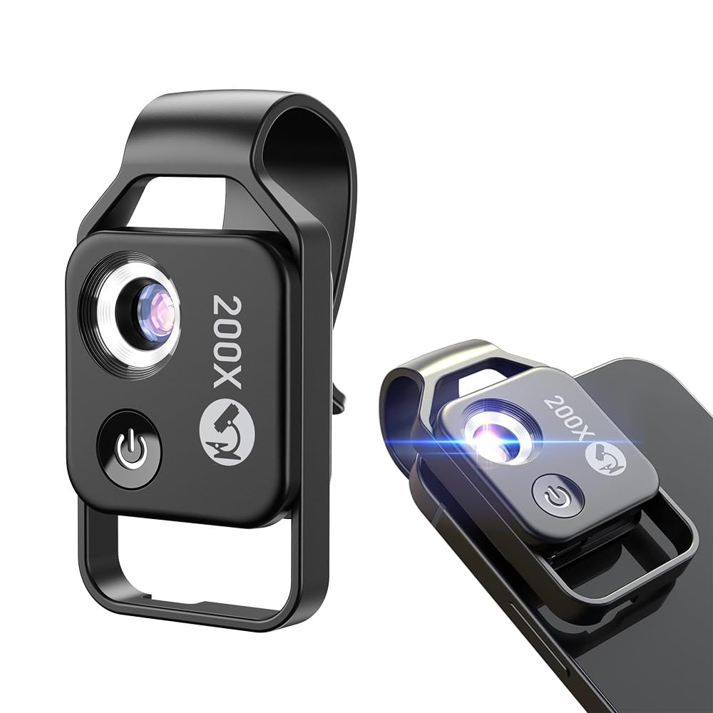 Beauenty Phone Microscope with CPL Lens/LED Light, 200X Portable Pocket Microscope Camera Attachment with Universal Clip, Microworld for Kids Adults