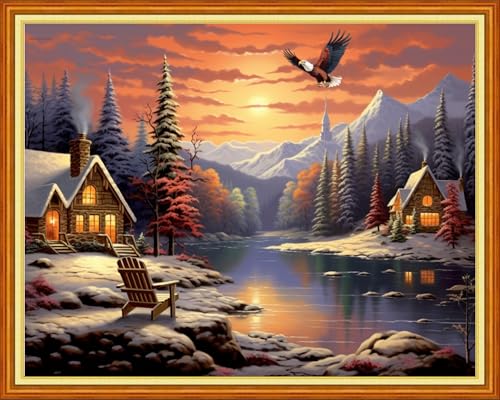Image of Magxvouy Cross Stitch Kits Stamped Full Range of Embroidery Kits,Cross Stitch Patterns Needlework Kits for Beginners 11CT Printed Kits&Winter Sunrise 16x20 inch