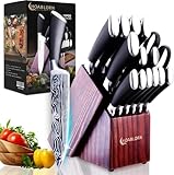 Knife Set for Kitchen Knife Set with Block HOABLORN 15Pcs Professional Stainless Steel Knife Set with Wooden Block for Chefs Family (Damascus Knife Set 15PCS)