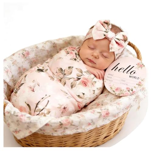 Galabloomer Newborn Receiving Blanket Headband Set Flower Print Baby Swaddle Blankets (Vintage)