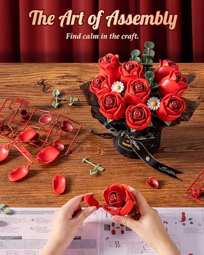 ROKR 3D Puzzles DIY Building Kit,9 Burgundy Roses Bouquet in Gift Box,Snap Together Flowers for Home Decor - image 3