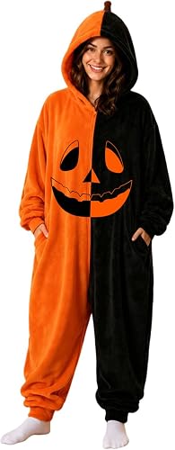 Vividcrate Pumpkin Onesie Adult Pajamas Hooded Zipper Design Halloween Costumes 