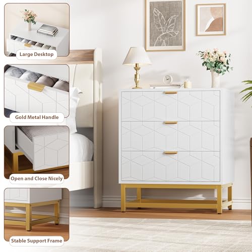 GAOMON 3 Drawer Dresser, Wood Chest Drawers with Storage for Closet, Bedroom, Drawers Dresser Modern Bedside Nightstand with Gold Handles, White