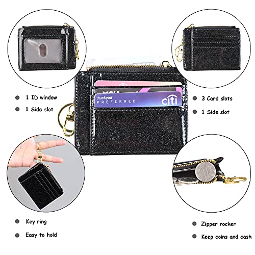 Woogwin Womens Slim Rfid Credit Card Holder Mini Front Pocket Wallet Coin Purse Keychain (Glitter Black) #TOP4