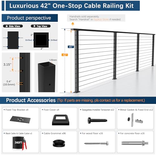 Image of 2 Pack Swageless One-Stop Cable Railing Post Kits 42 inch, Stainless Steel T304 Deck Railing System with Swageless Tensioner, Upgraded Black Powder Coated Level Drilled Post Kits with DIY Length