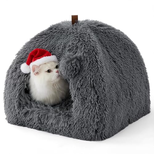BEDSURE Katzenbett große Katzen Katzenhöhle- 40x40x40 cm Plüsch Katzenhaus Indoor mit abnehmbarem Katzenkissen und hängendem Spielzeug, Katzen...