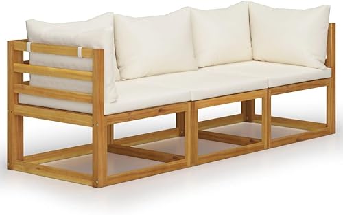 vidaXL Sofá de patio de 3 plazas con cojines color crema, juego de salón de madera de acacia maciza adecuado para uso en exteriores, requiere montaje