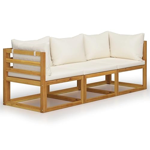 3-Seater Patio Sofa with Cream Cushions - Solid Acacia Wood